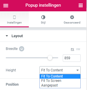 Popup instellingen Elementor
